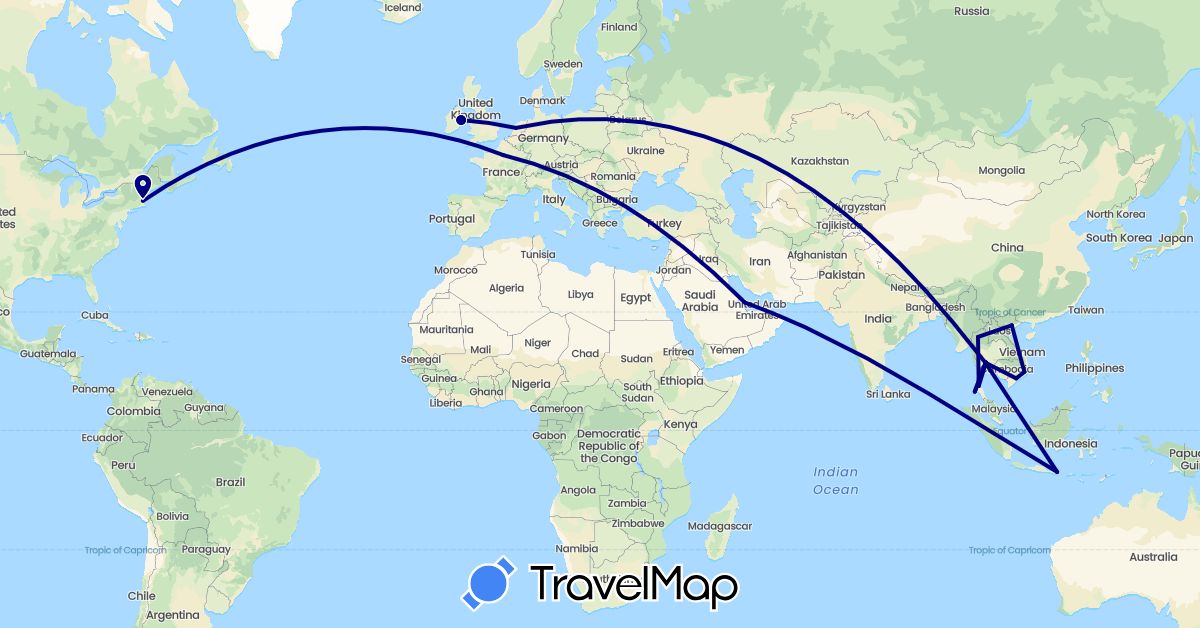 TravelMap itinerary: driving in France, Indonesia, Ireland, Netherlands, Qatar, Thailand, United States, Vietnam (Asia, Europe, North America)